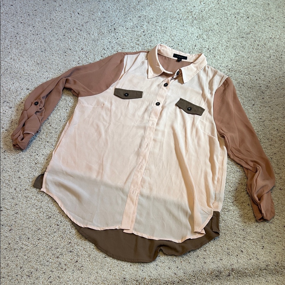 Edge Women's Color Block Button Down Shirt - Cream and Brown